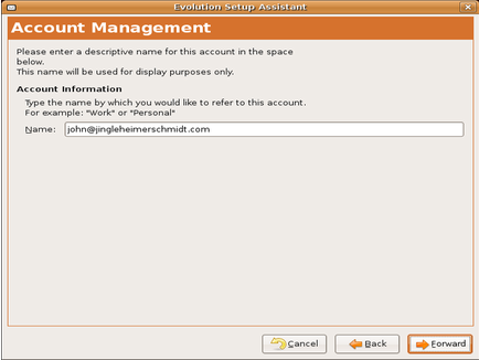 Giving the email account a name in Evolution's setup.