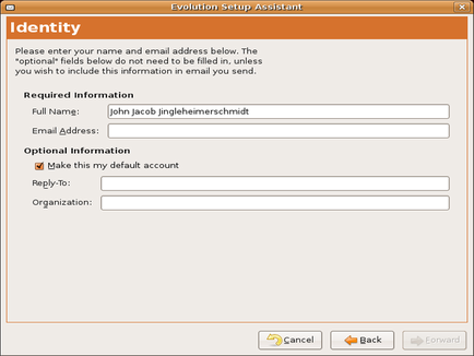 Entering email identity information in Evolution.