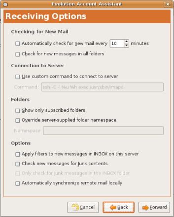 Email receiving options in Evolution setup.