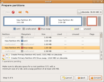 Ubuntu Linux installation - the final
map of the partitions for the installation of Ubuntu Linux 