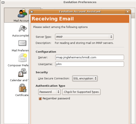 Email POP server details in Evolution setup.