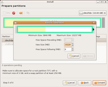 Dialogue for resizing the Windows partition
