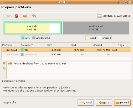 Map of hard disk with Windows installation resized as a first partition