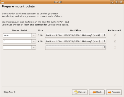 Ubuntu Linux installation - Assigning the Ubuntu Linux Mount Points of the Disk Partitions